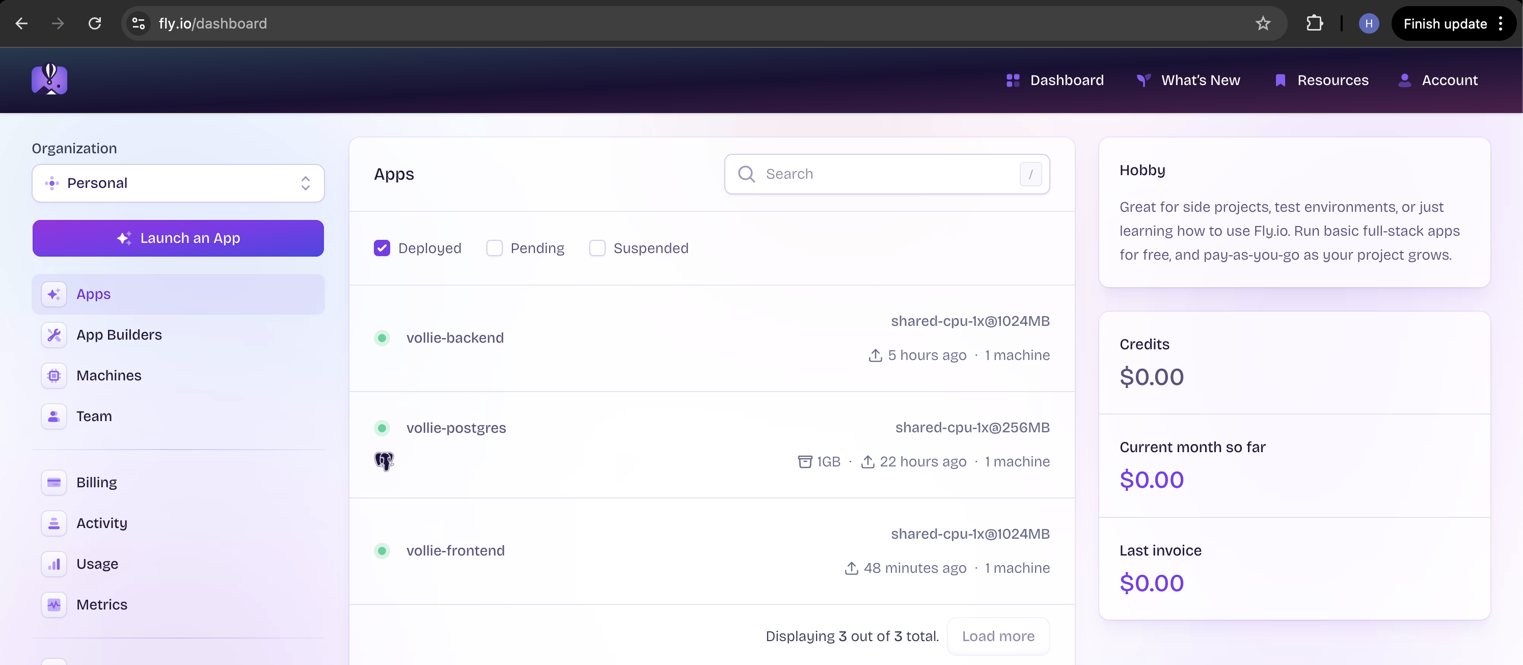 Fly.io Dashboard View